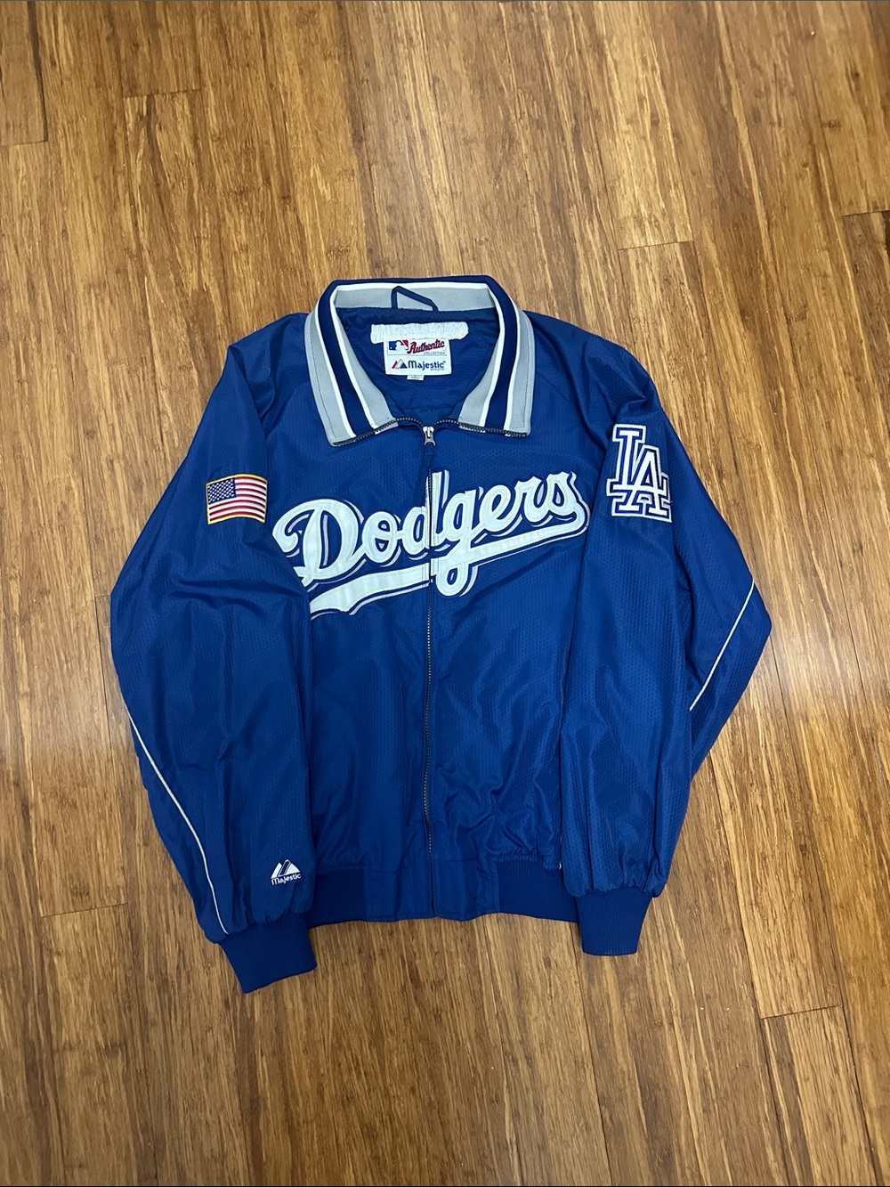 Majestic Dodgers Blue Zip-Front Bomber Jacket with White Trim